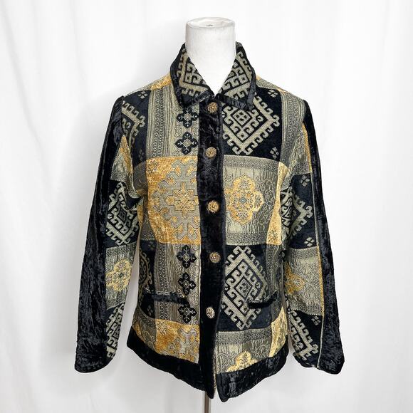 Parsley & Sage Patchwork Jacket Geometric Velour Black Gold Tapestry Women's M - Picture 3 of 10